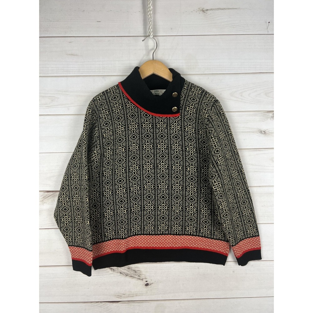 Orvis Sweater Womens Large Black Red Nordic Mock Neck Button Pullover Made USA